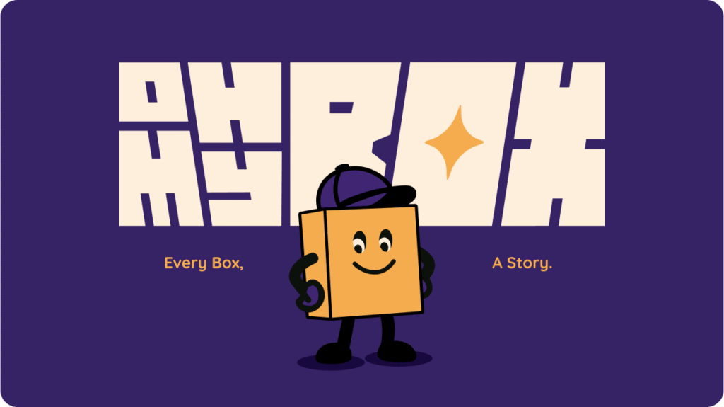 OH MY BOX logo with smiling mascot box character in purple cap and slogan